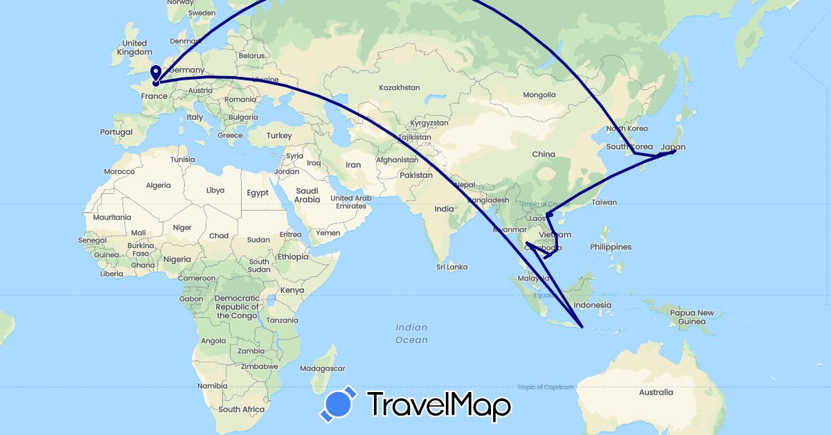 TravelMap itinerary: driving in France, Indonesia, Japan, South Korea, Thailand, Vietnam (Asia, Europe)